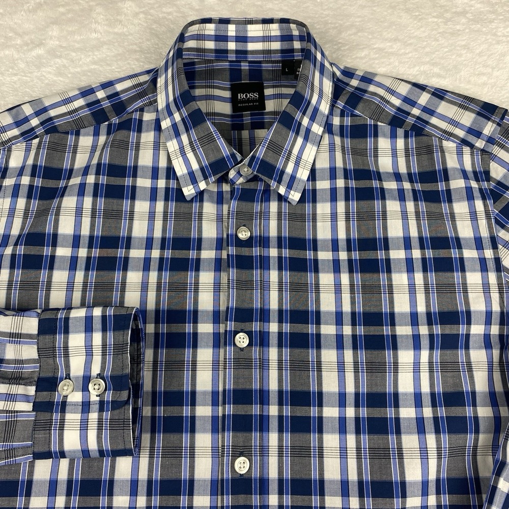 BOSS Hugo Boss Shirt Mens Large Blue/White Plaid Regular Fit